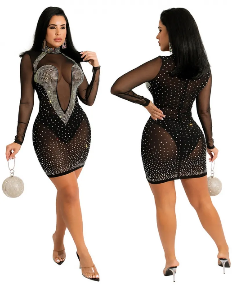Abito aderente Cutubly Mini abiti con diamanti in cristallo Dolcevita See Through Mesh manica lunga Slim Streetwear Club Party
