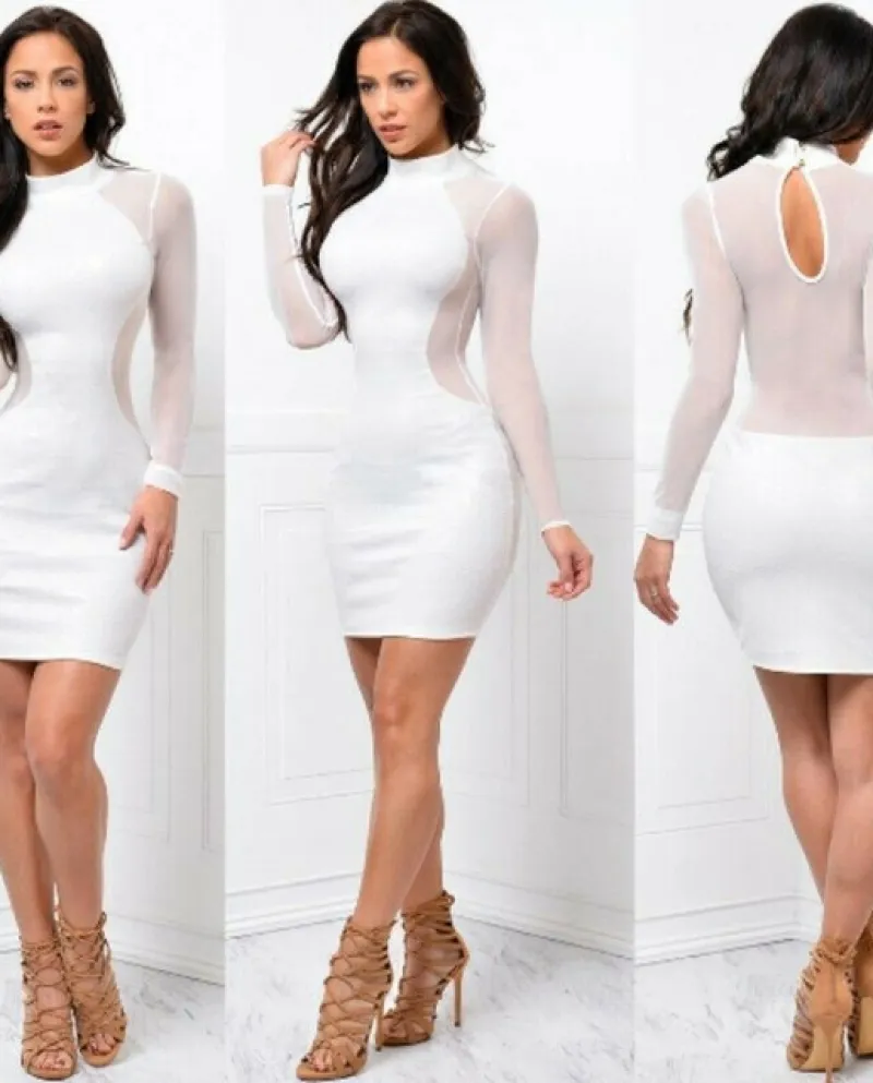 Abito da donna See Through Mesh Bandage Bodycon manica lunga da sera Party Clubwear Clubwear Mini dolcevita da donna Clothin