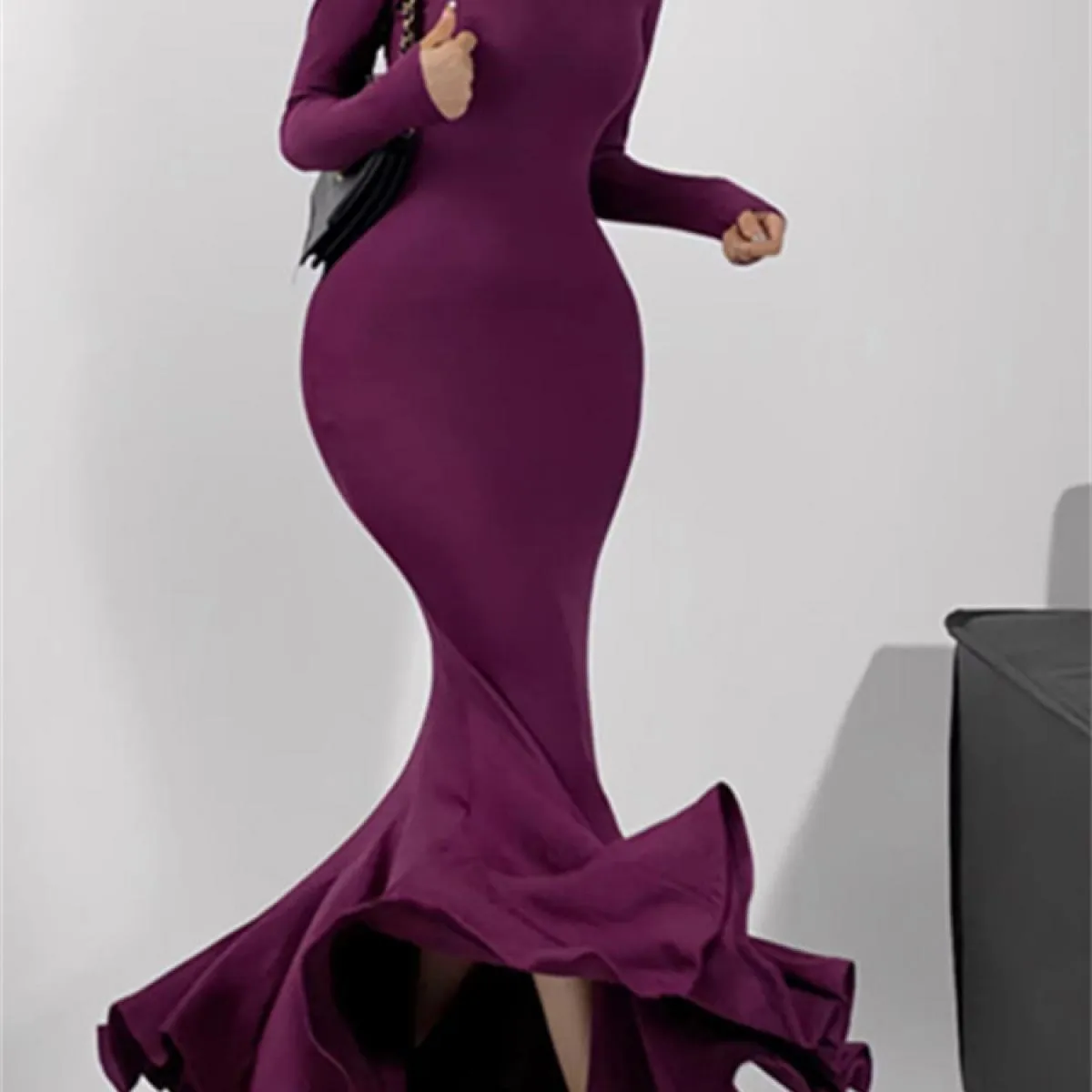 Abito lungo in maglia plissettata vintage da donna dolcevita slim solido elegante abito da festa patchwork a coste moda au