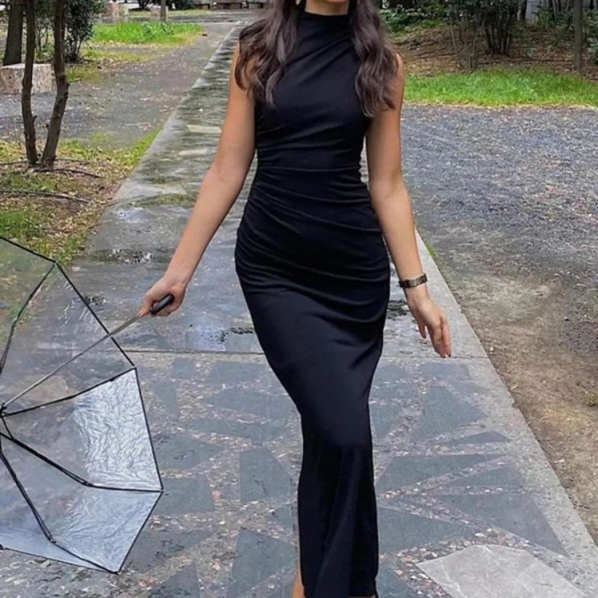 Abito maxi slim plissettato per donna Solido mezzo dolcevita senza maniche elegante con spacco sui fianchi festa lunga vac