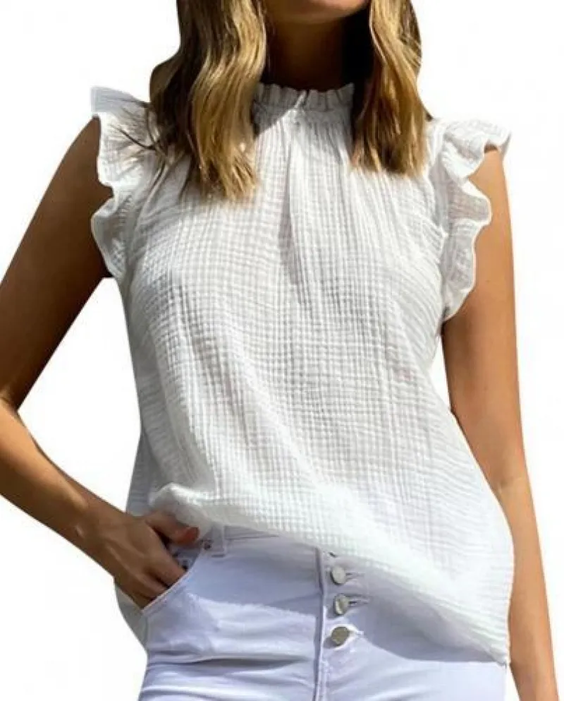 Camicetta da donna senza maniche con volant Elegante dolcevita plissettato estivo Sli
