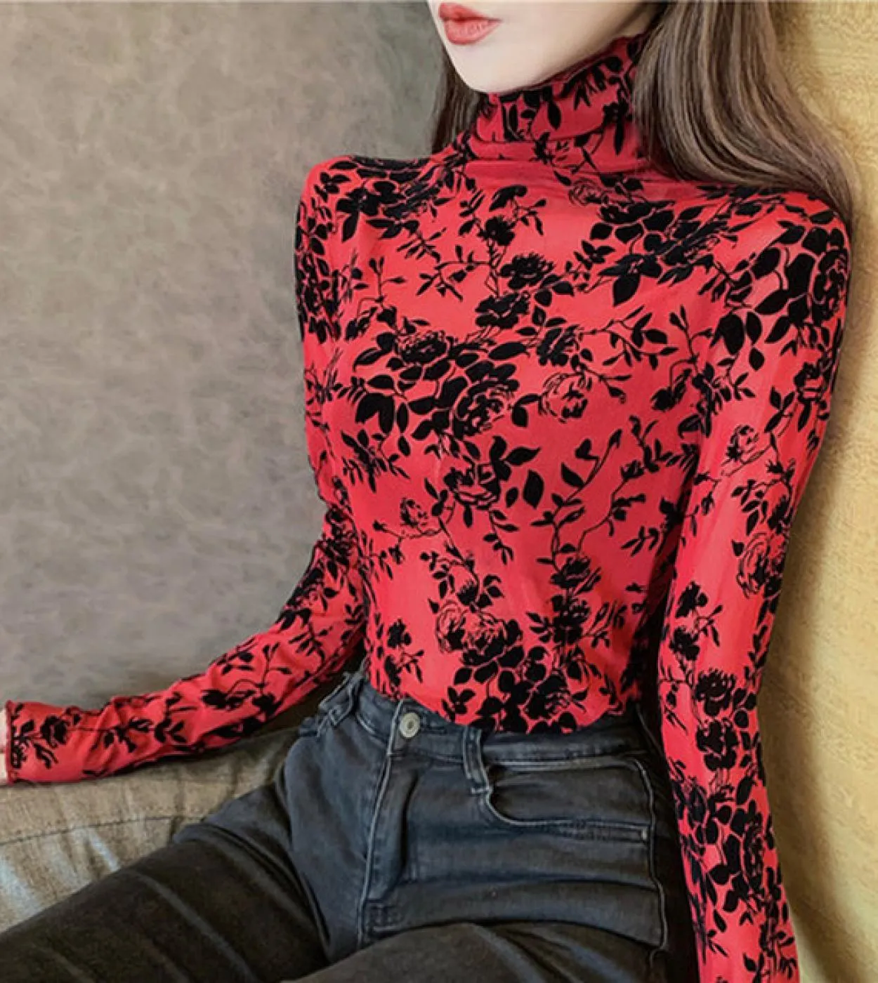 Camicetta vintage trasparente da donna Camicette floreali in pizzo a maniche lunghe con maniche lunghe Moda nuovo dolcevita Slim