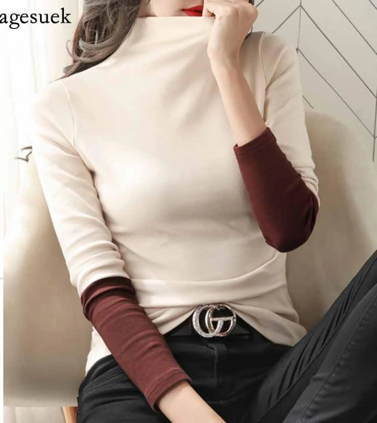 Camicia a maniche lunghe da donna in cotone a mezza dolcevita manica lunga moda tinta unita maglietta pullover autunnale 11219 T