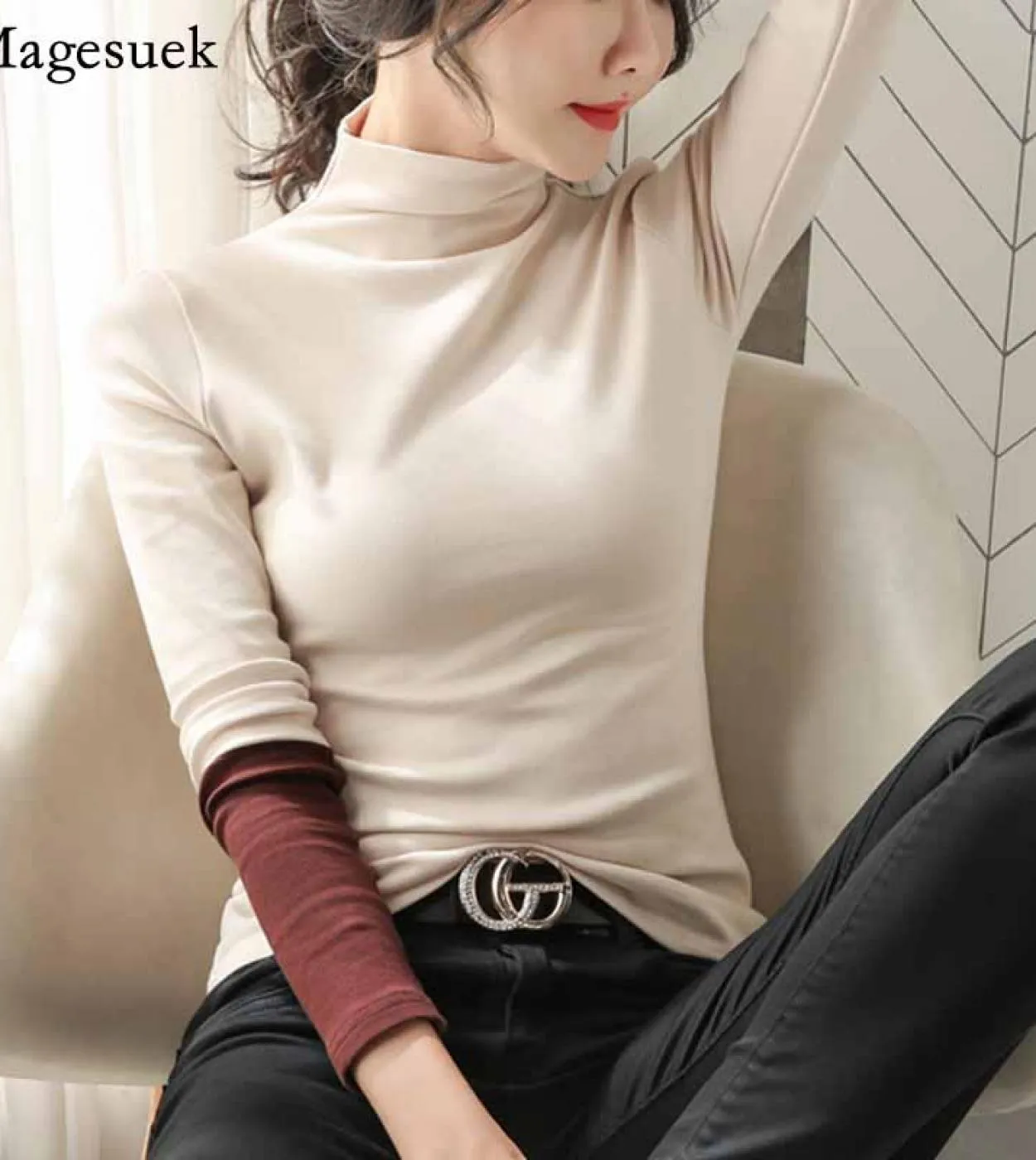 Camicia a maniche lunghe da donna in cotone a mezza dolcevita manica lunga moda tinta unita maglietta pullover autunnale 11219 T