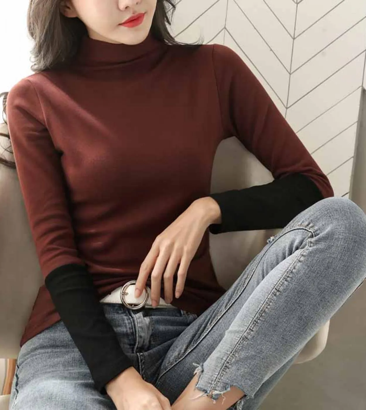 Camicia a maniche lunghe da donna in cotone a mezza dolcevita manica lunga moda tinta unita maglietta pullover autunnale 11219 T