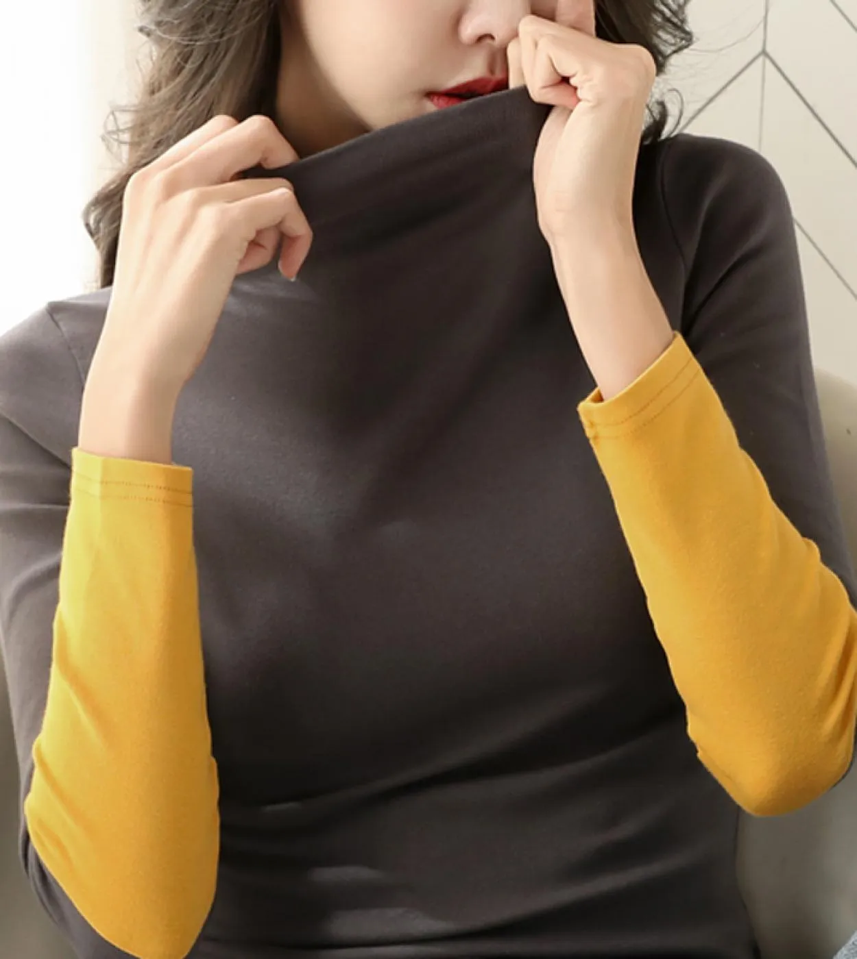 Camicia a maniche lunghe da donna in cotone a mezza dolcevita manica lunga moda tinta unita maglietta pullover autunnale 11219 T