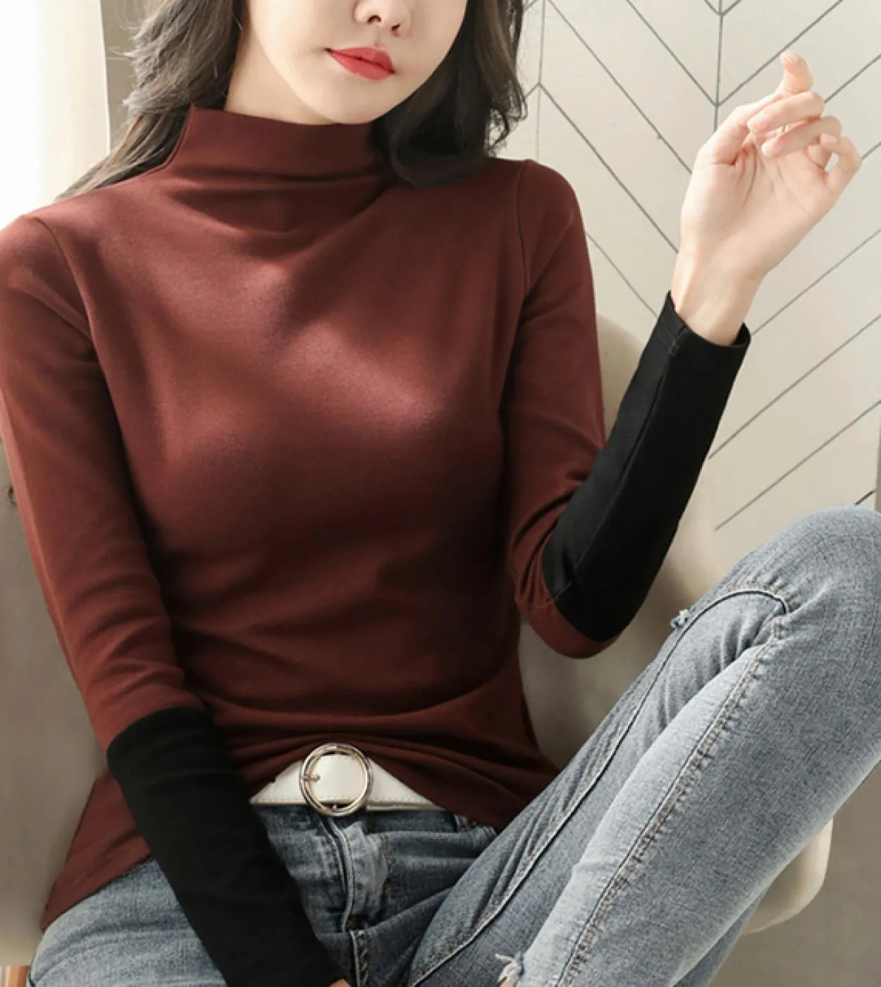Camicia a maniche lunghe da donna in cotone a mezza dolcevita manica lunga moda tinta unita maglietta pullover autunnale 11219 T