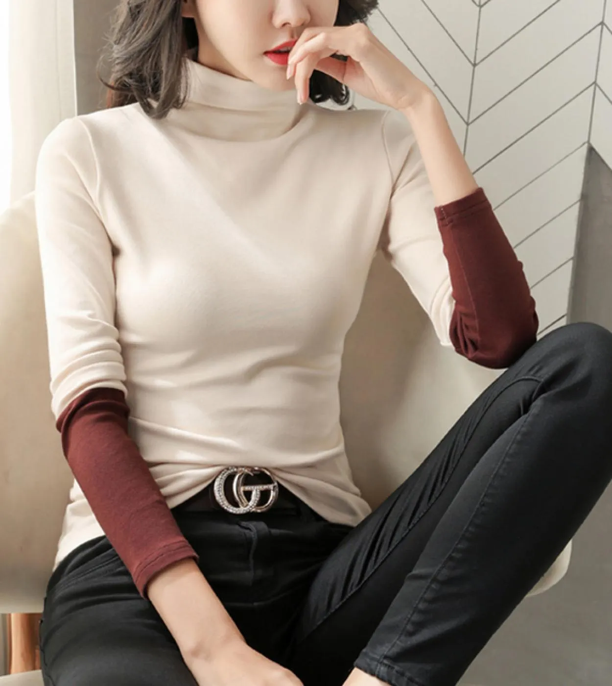 Camicia a maniche lunghe da donna in cotone a mezza dolcevita manica lunga moda tinta unita maglietta pullover autunnale 11219 T