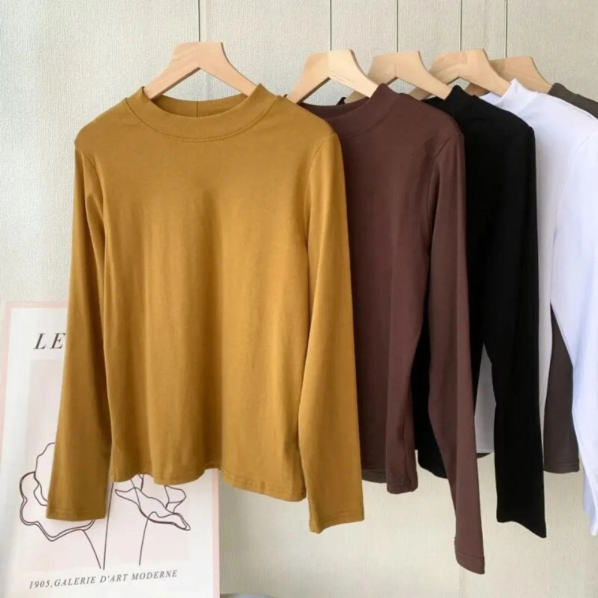 Camicia base mezza dolcevita in cotone Donna Primavera New Maglietta nera girocollo a maniche lunghe con collo rotondo piccolo D