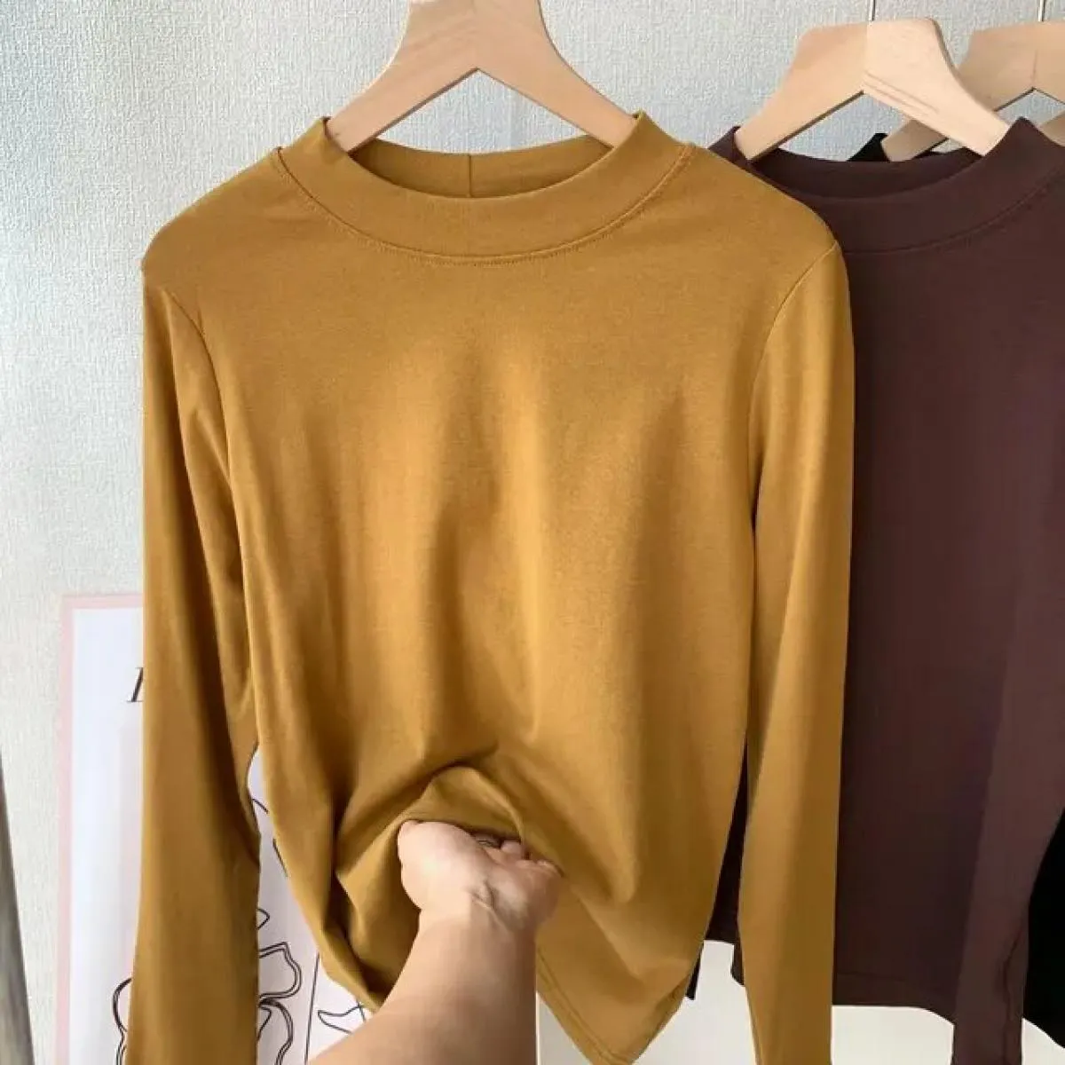 Camicia base mezza dolcevita in cotone Donna Primavera New Maglietta nera girocollo a maniche lunghe con collo rotondo piccolo D