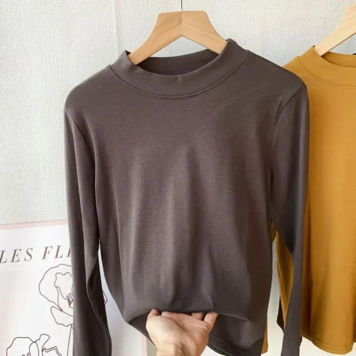Camicia base mezza dolcevita in cotone Donna Primavera New Maglietta nera girocollo a maniche lunghe con collo rotondo piccolo D