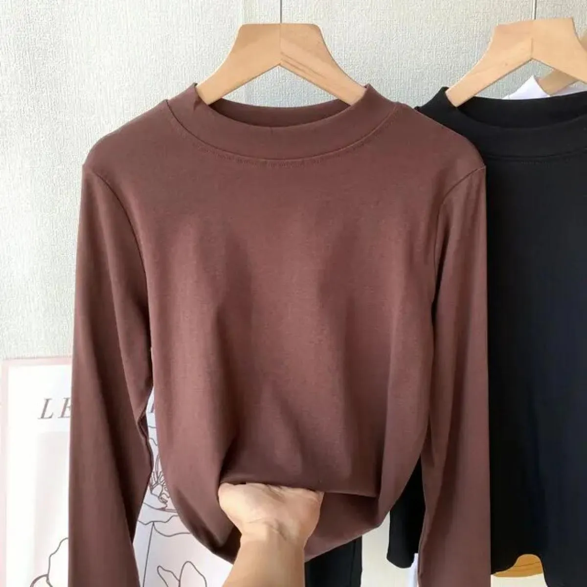 Camicia base mezza dolcevita in cotone Donna Primavera New Maglietta nera girocollo a maniche lunghe con collo rotondo piccolo D