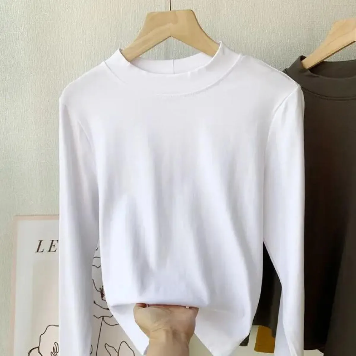 Camicia base mezza dolcevita in cotone Donna Primavera New Maglietta nera girocollo a maniche lunghe con collo rotondo piccolo D