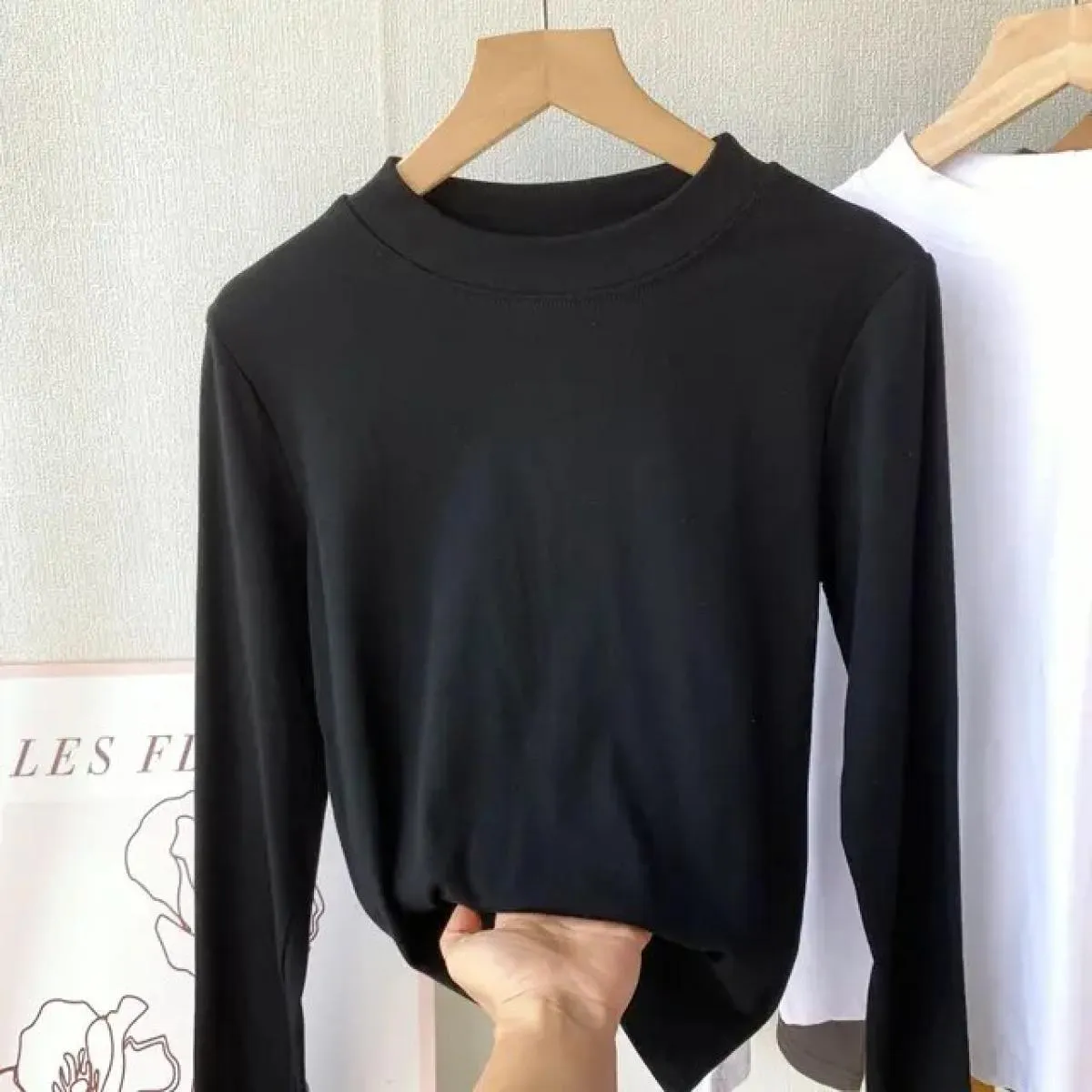 Camicia base mezza dolcevita in cotone Donna Primavera New Maglietta nera girocollo a maniche lunghe con collo rotondo piccolo D