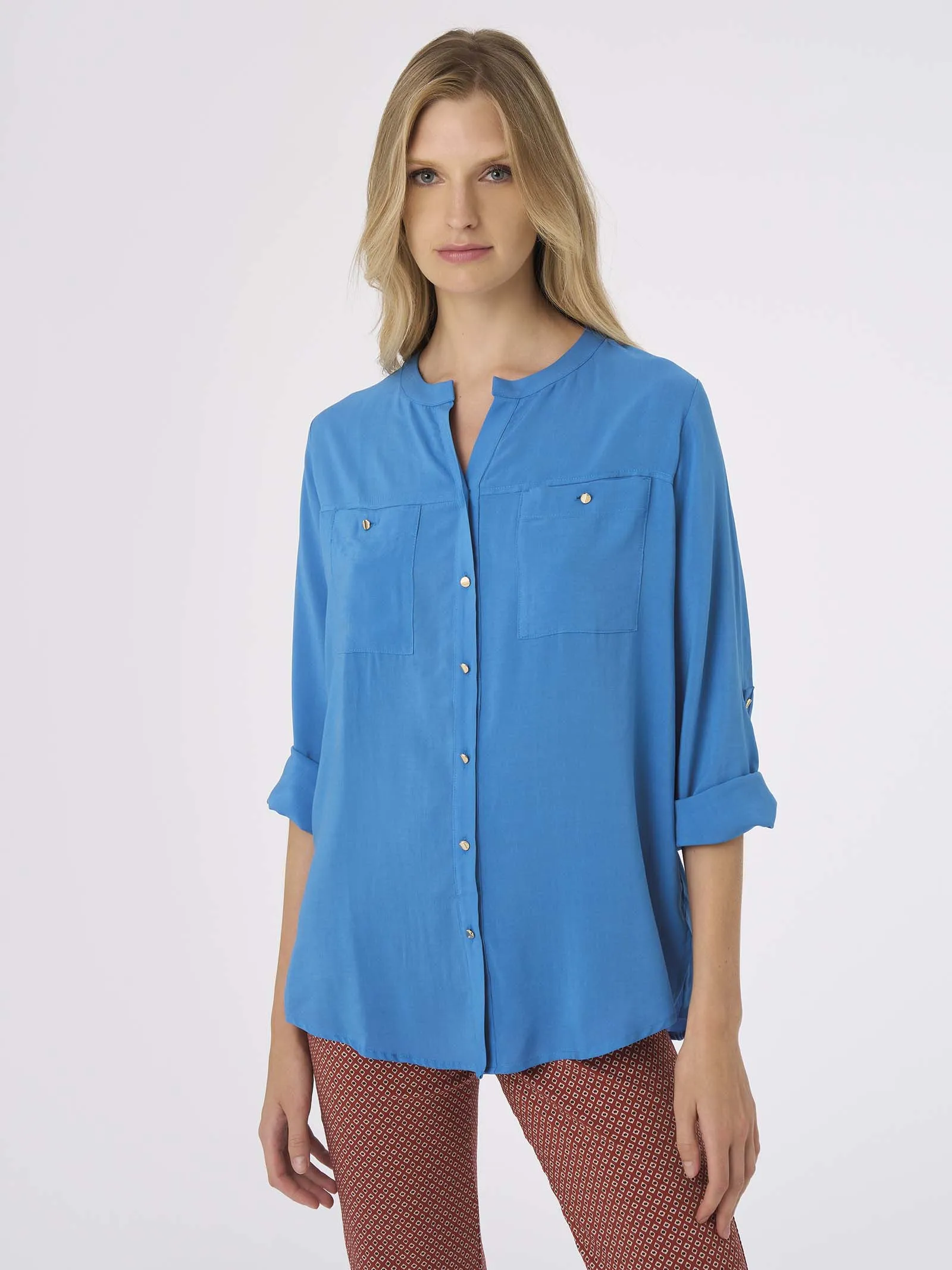 Camicia con collo alla coreana in mussola di EcoSeta - Vallarta Blue