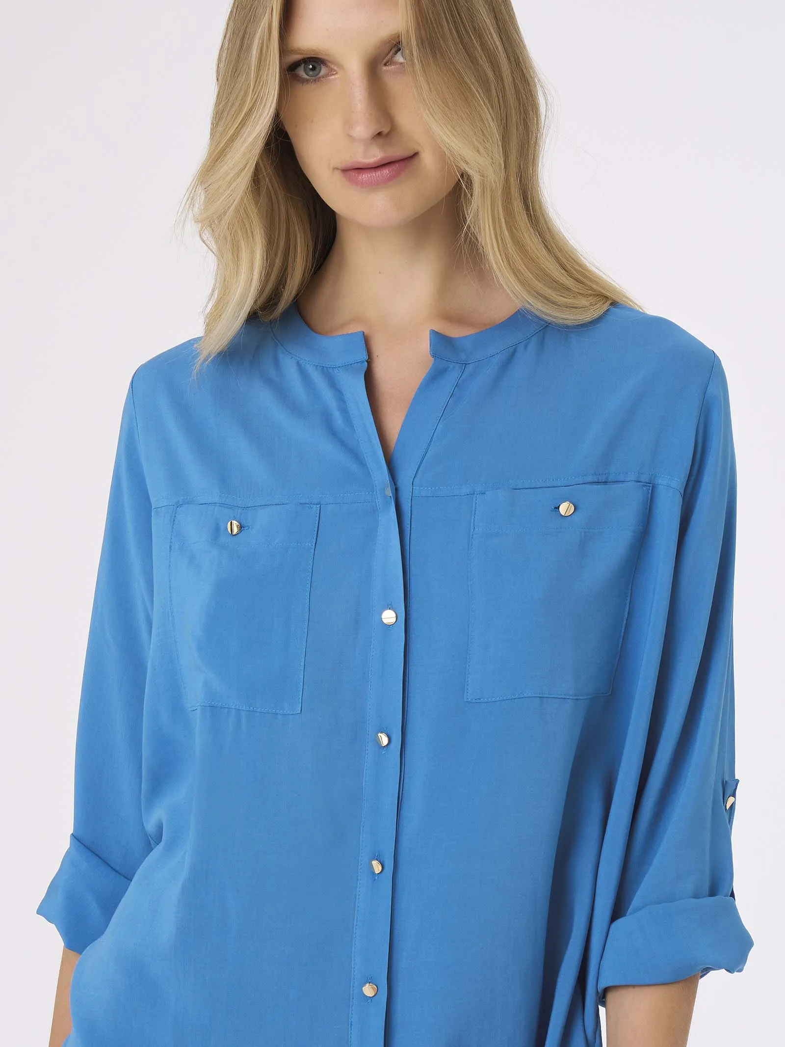 Camicia con collo alla coreana in mussola di EcoSeta - Vallarta Blue
