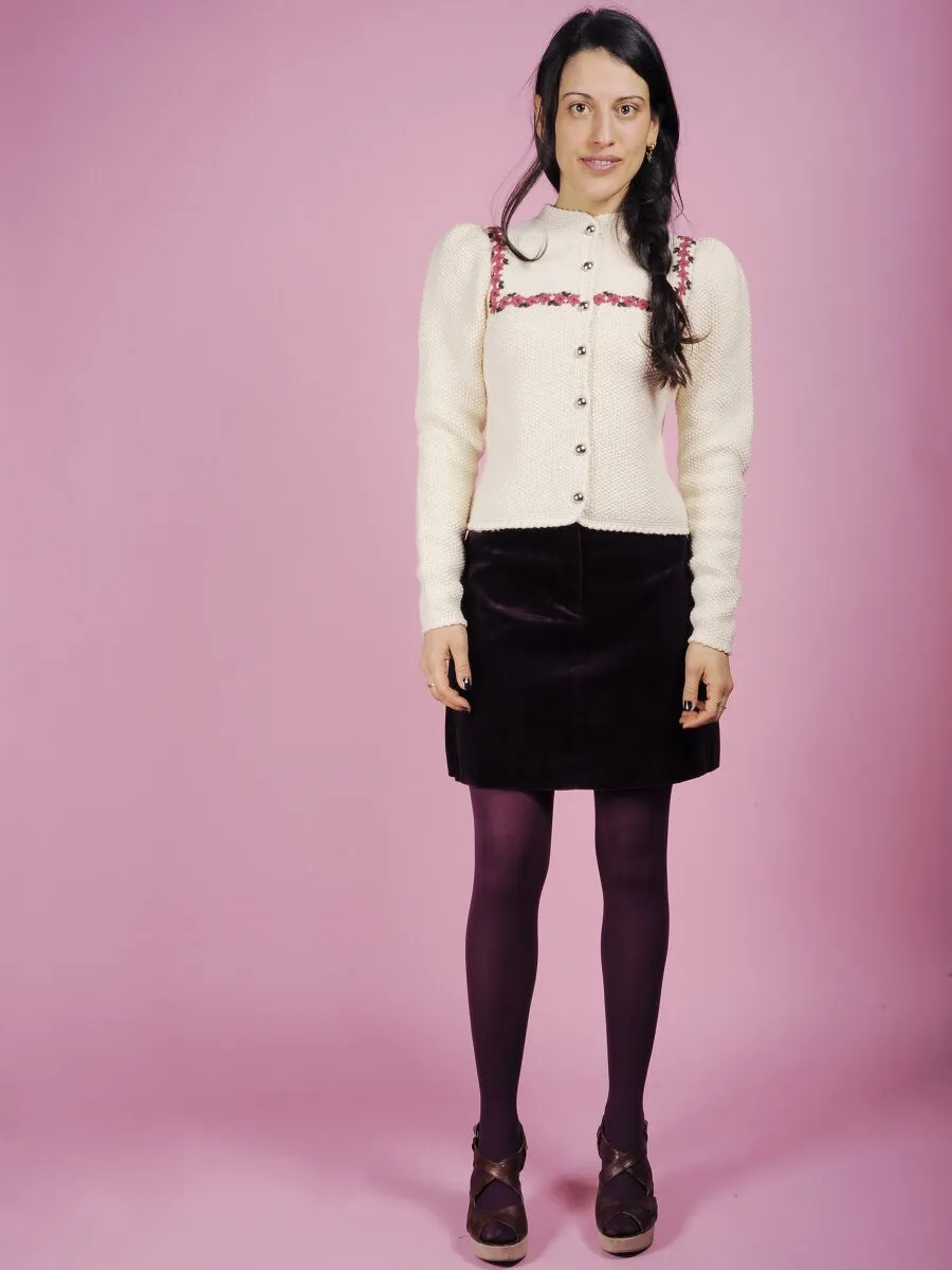 Cardigan tirolese panna con fiori ricamati