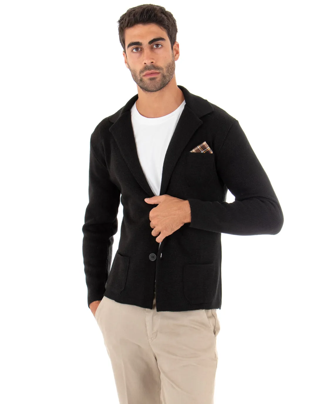 Cardigan Uomo Giacca Con Bottoni Maglia Maglioncino Tinta Unita Nero Casual GIOSAL-M2663A