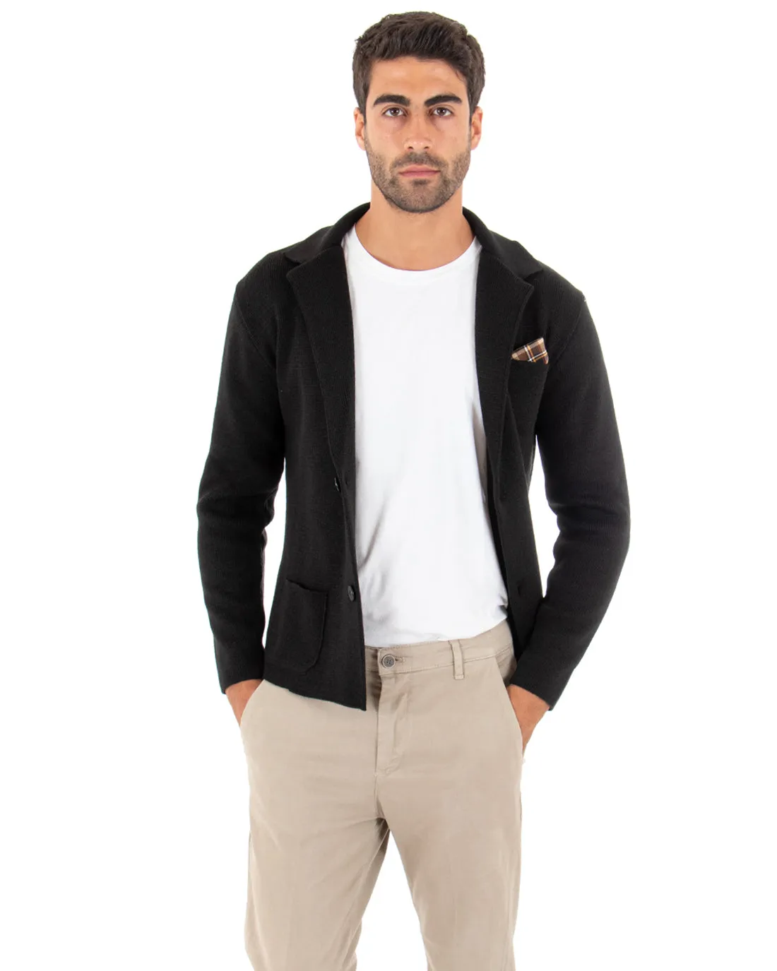 Cardigan Uomo Giacca Con Bottoni Maglia Maglioncino Tinta Unita Nero Casual GIOSAL-M2663A