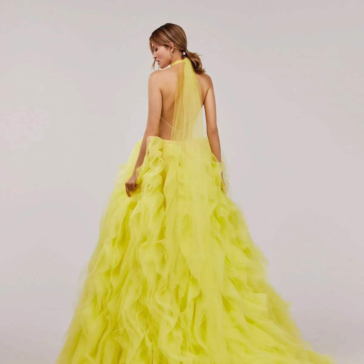 Dolcevita alla moda Abito da sera giallo festivo Abiti da festa da ballo Abito lungo maxi formale senza schienale in tulle arruf