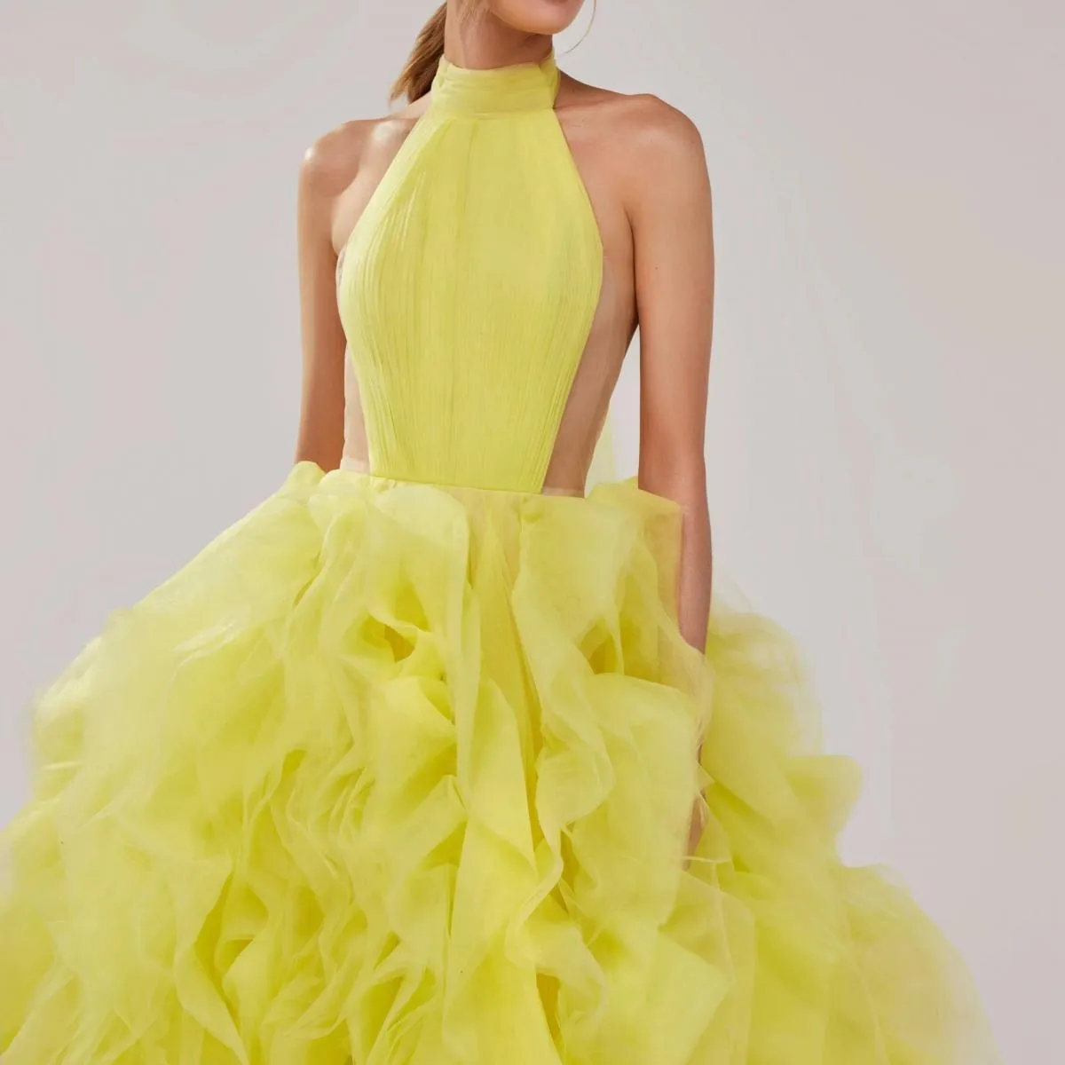 Dolcevita alla moda Abito da sera giallo festivo Abiti da festa da ballo Abito lungo maxi formale senza schienale in tulle arruf