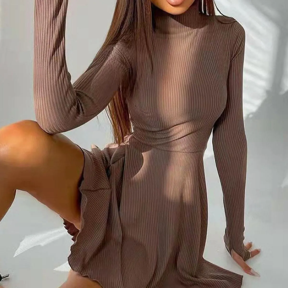 Dolcevita da donna a maniche lunghe Abiti eleganti solidi Donna Lavorato a maglia con fondo Abito a pieghe a trapezio Moda