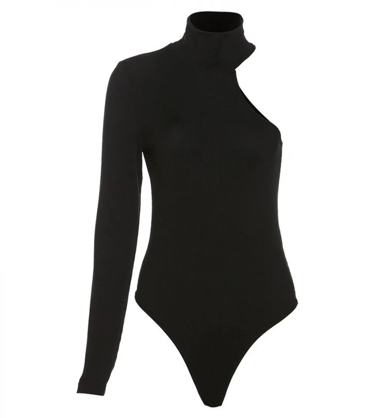 Dolcevita da donna con una manica e spalle scoperte, fasciatura nera aderente, abiti casual da vacanza per lo shopping da festa
