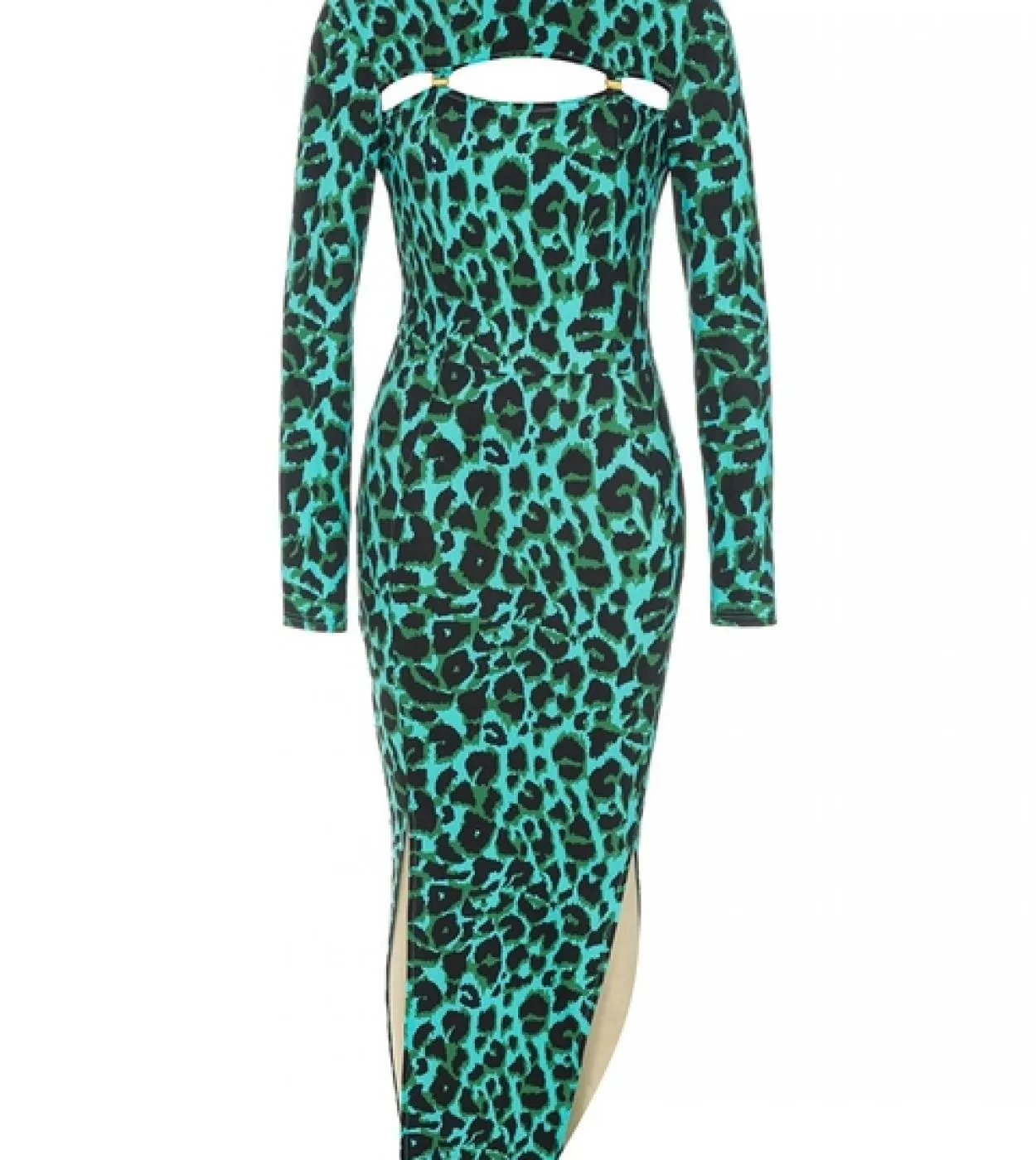 Dolcevita leopardato maniche lunghe abito sottile elegante leopardo verde scava fuori abito lungo aderente da sera club da sera