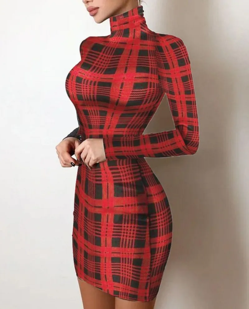 Dolcevita Retro Plaid Vestito Aderente Slim Vita Impero Manica Lunga Solid Party Mini Abito Vintage Abiti Da Sera