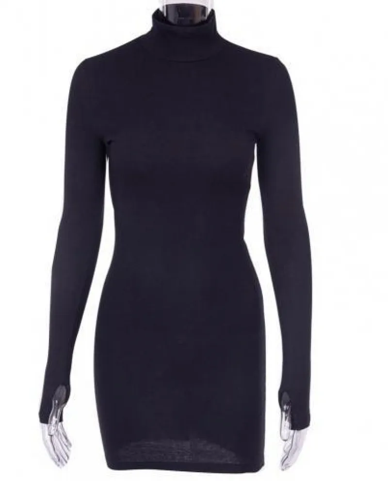 Donna Primavera Autunno Tinta unita Dolcevita Manica lunga Bodycon Mini Dr