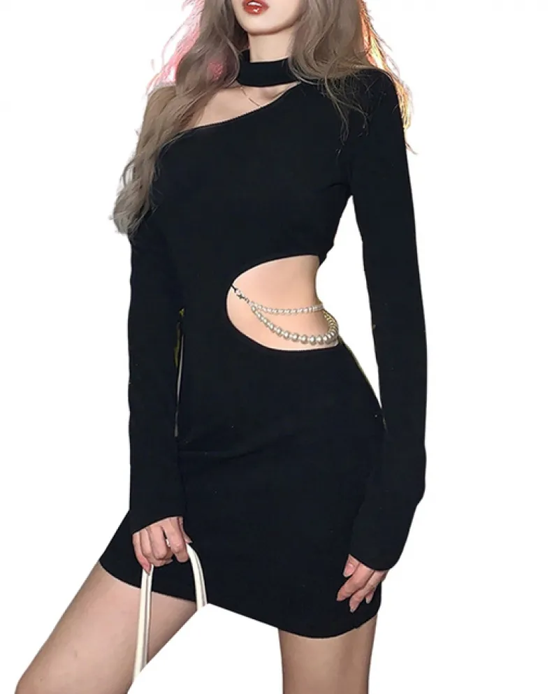 Kayotuas Vestito a tubino da donna con una spalla Halter Borsa aderente nera Hip Slim New Fashion Office Lady Elegante catena di