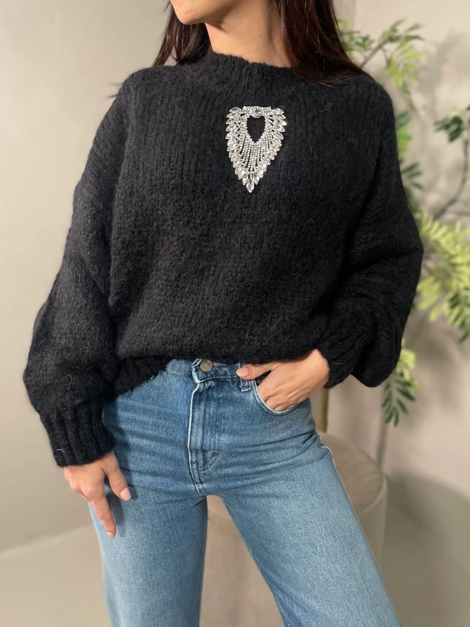Maglia In Mohair Con Strass Nera