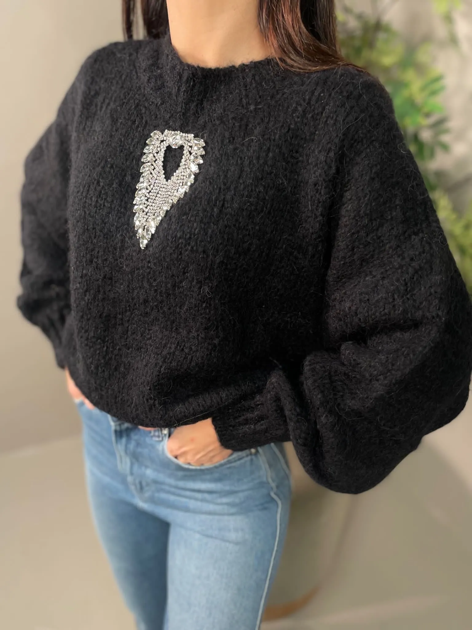 Maglia In Mohair Con Strass Nera