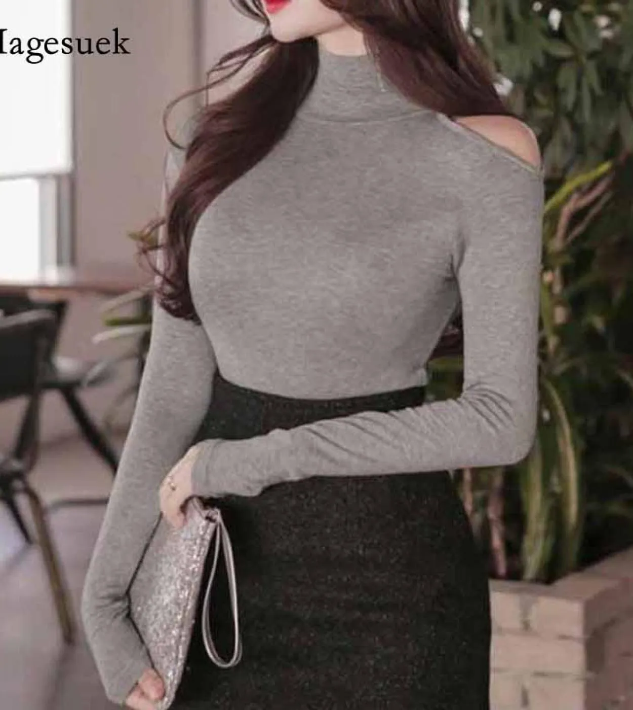 Maglietta bianca casual con spacco a spalle scoperte Maglietta autunno inverno New Fashion Dolcevita Slim Bottoming 12202shirt