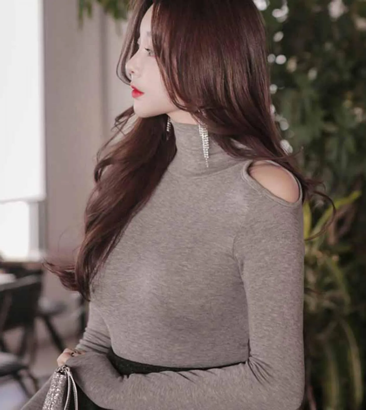 Maglietta bianca casual con spacco a spalle scoperte Maglietta autunno inverno New Fashion Dolcevita Slim Bottoming 12202shirt