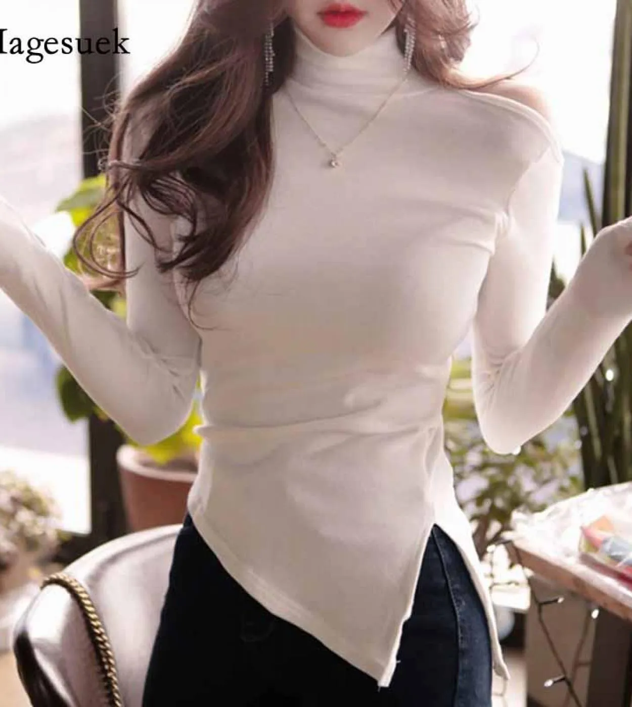 Maglietta bianca casual con spacco a spalle scoperte Maglietta autunno inverno New Fashion Dolcevita Slim Bottoming 12202shirt