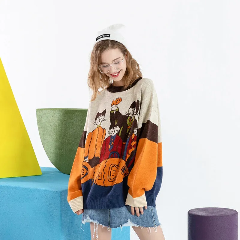 Maglione Jacquard largo colorato in tema di gatti e pesci unisex