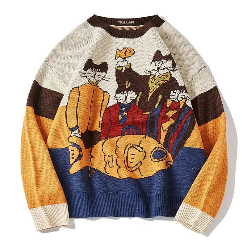 Maglione Jacquard largo colorato in tema di gatti e pesci unisex
