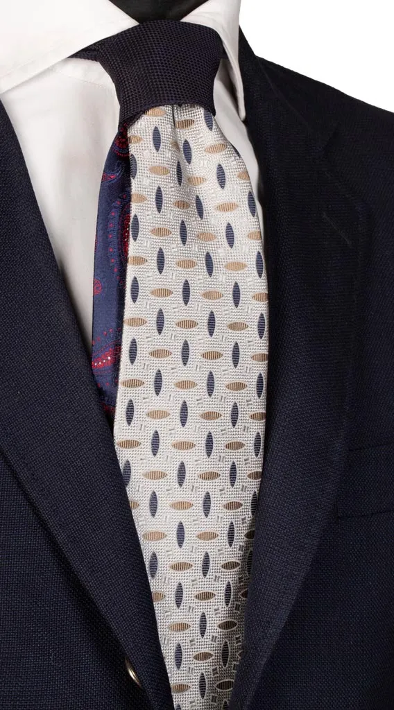 Man Grey Silk Tie Blue Beige Pattern Blue Contrast Knot N2439