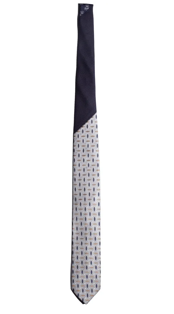 Man Grey Silk Tie Blue Beige Pattern Blue Contrast Knot N2439