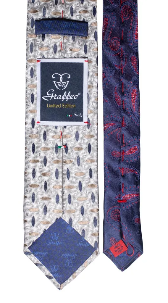 Man Grey Silk Tie Blue Beige Pattern Blue Contrast Knot N2439