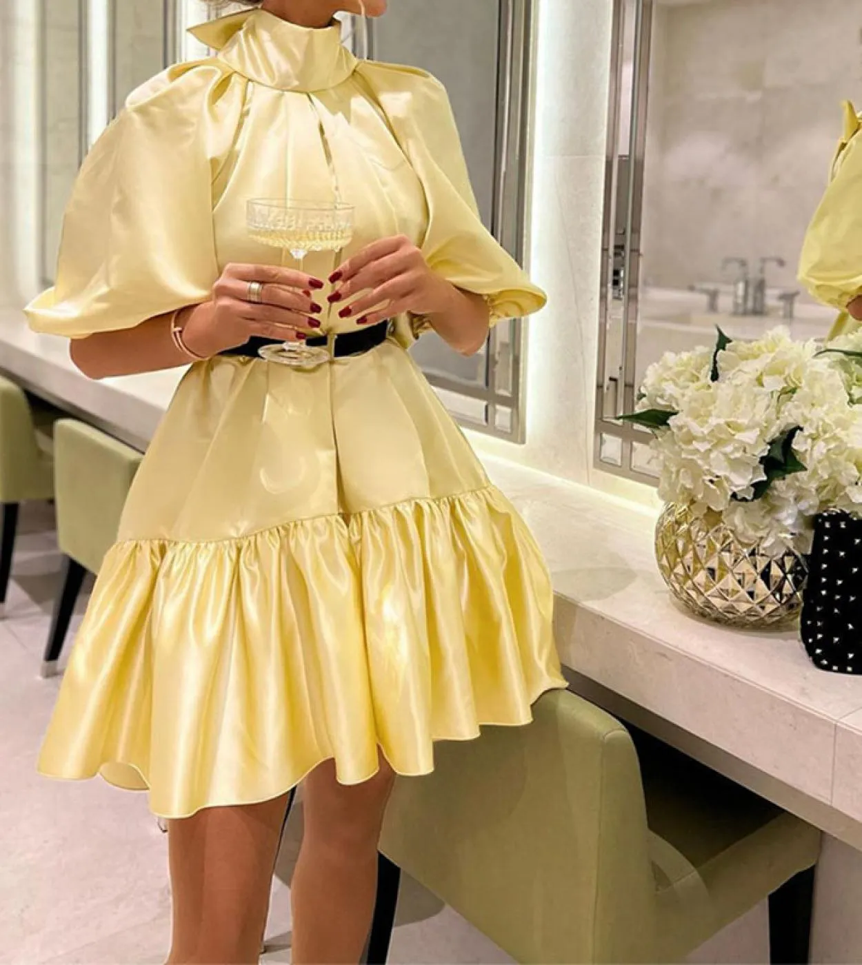 Mini abito plissettato con papillon da ufficio moda donna elegante dolcevita plissettato abito da festa casual manica a sbuffo t