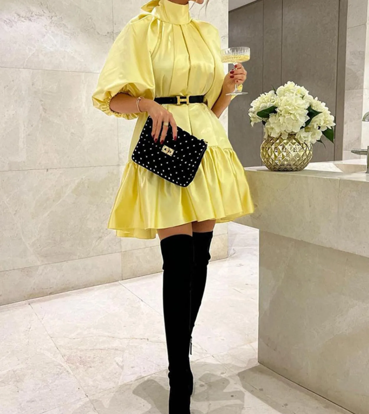 Mini abito plissettato con papillon da ufficio moda donna elegante dolcevita plissettato abito da festa casual manica a sbuffo t
