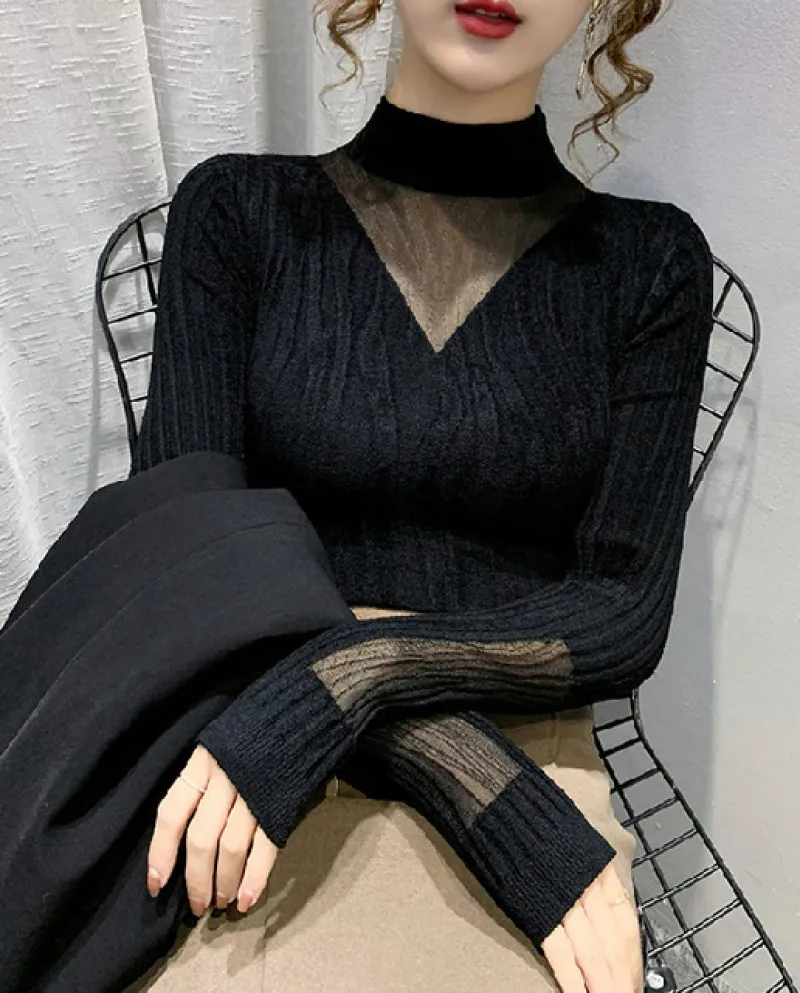 New Black Bottoming Shirt Blue Sweet Half Dolcevita Camicetta Donna Top in pizzo da donna Slim Transparent Shirtsblo