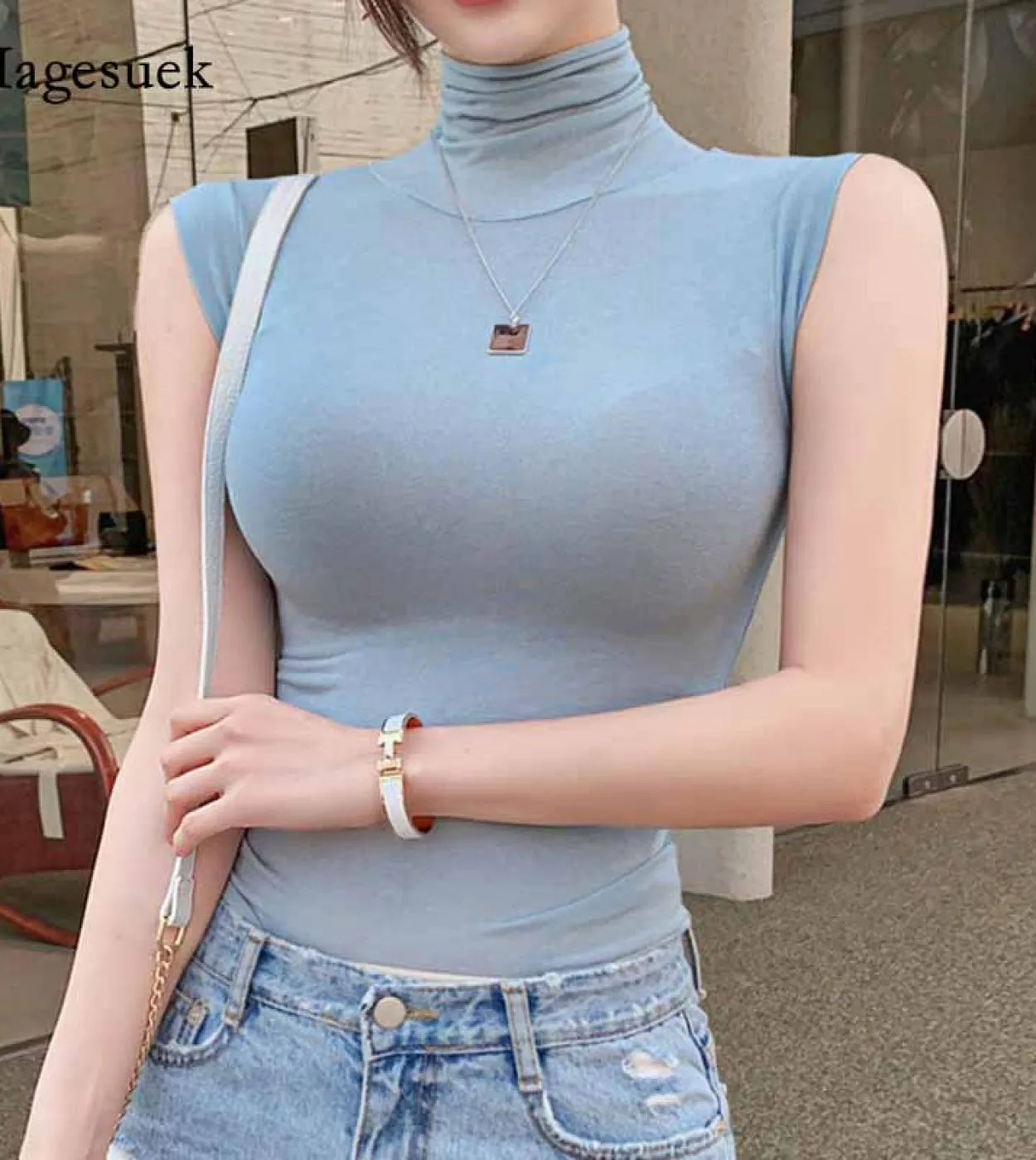 Nuova canotta in cotone casual tinta unita senza maniche dolcevita autunnale top bianco per donna corsetto top da indossare vest