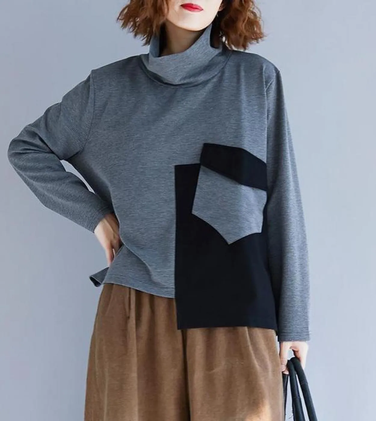 Nuovo arrivo primavera autunno stile donna casual dolcevita allentato maglietta asimmetrica manica lunga patchwork maglietta W75