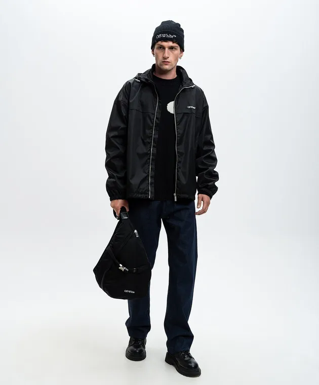 Off-White Giacca a vento nera con ricamo logo OMEB036F24FAB001