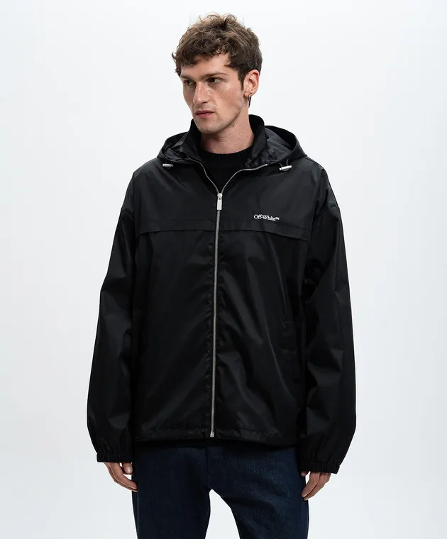 Off-White Giacca a vento nera con ricamo logo OMEB036F24FAB001