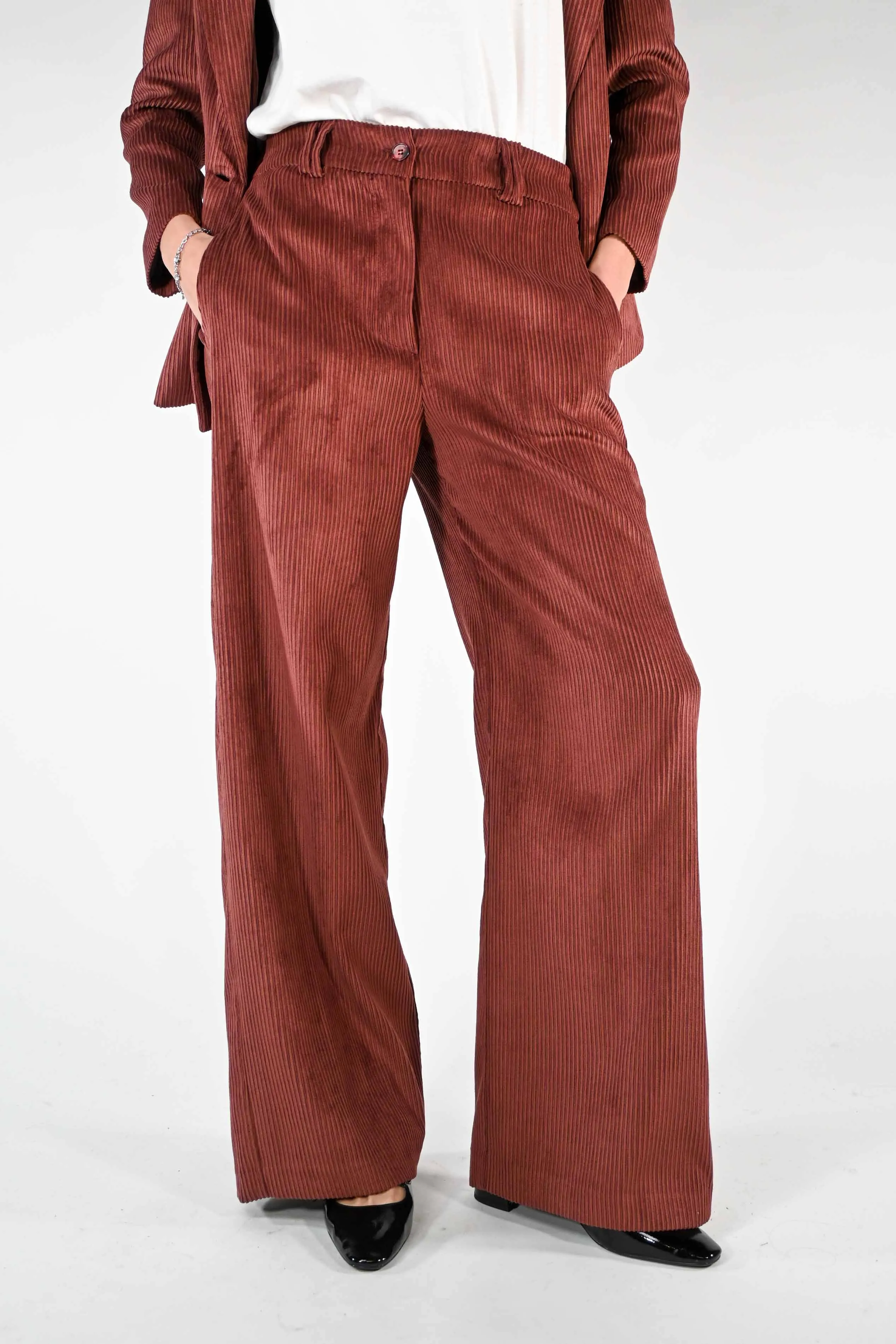 PANTALONE PALAZZO EASY IN VELLUTO A COSTE BORDEAUX