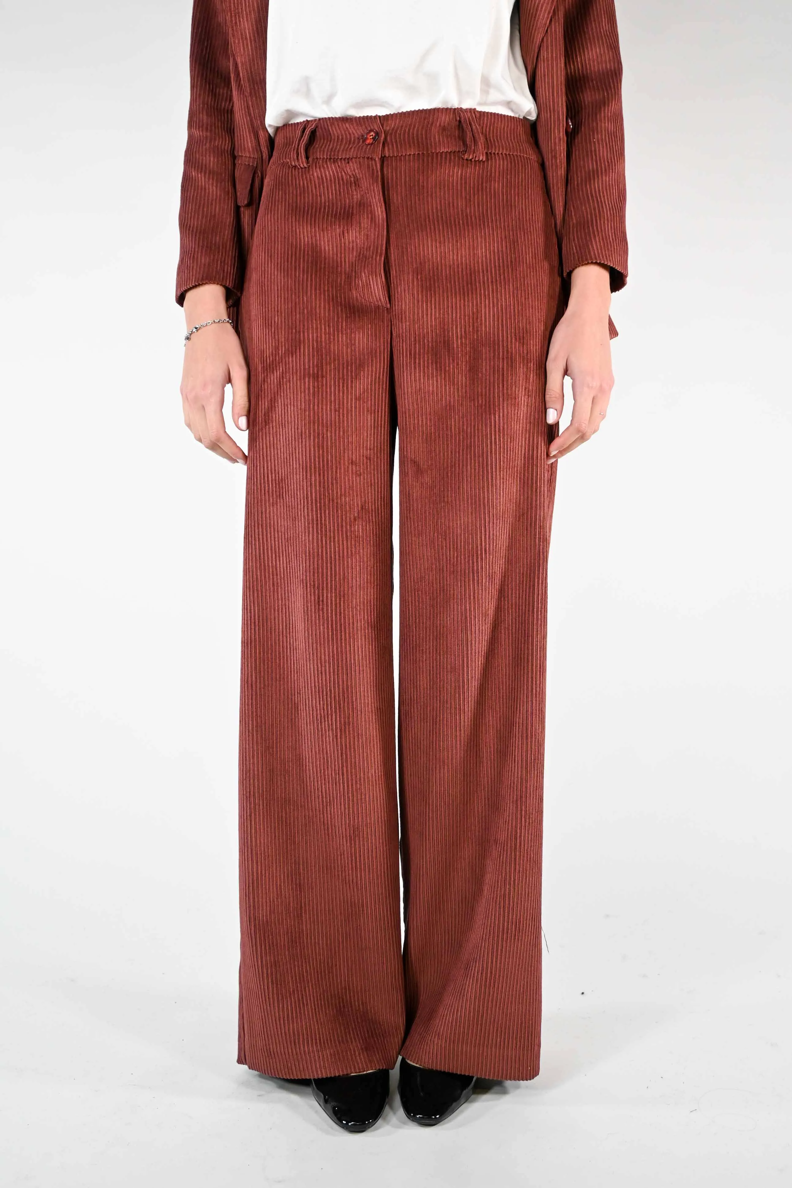 PANTALONE PALAZZO EASY IN VELLUTO A COSTE BORDEAUX